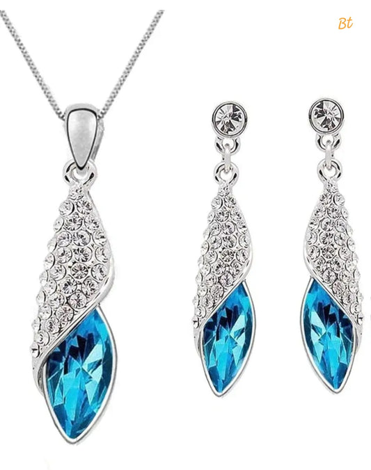 Australian Crystal Blue water drop pendant chain with Earrings- AJ1125