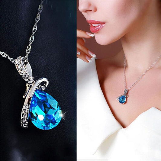 Australian Crystal Blue Water Drop Pendant Chain - AJ133