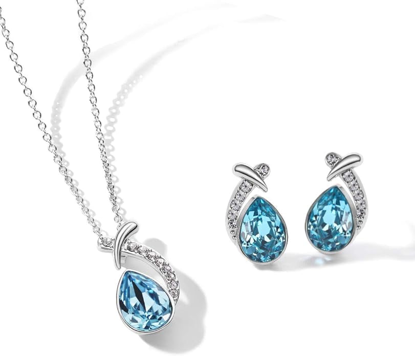 Australian Crystal Blue Pendant Necklace with Earrings - AJ138