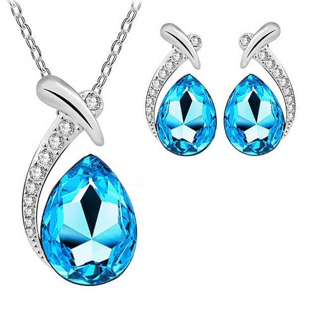 Australian Crystal Blue Pendant Necklace with Earrings - AJ138