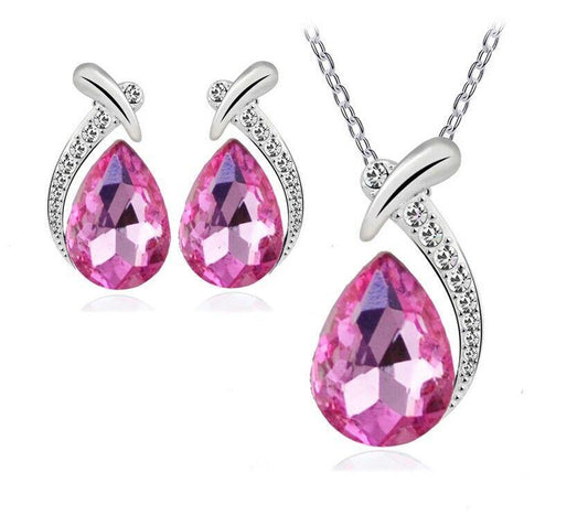 Australian Crystal Pink Water Drop Pendant Necklace with Earrings - AJ139